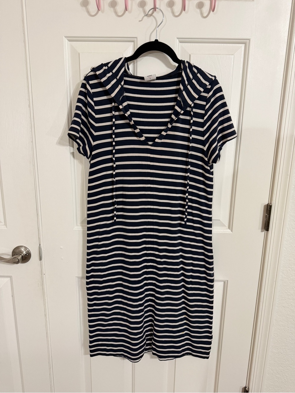 CAbi Dockside Dress S Navy White Stripe Hooded Coastal Beach Cover Up #5409